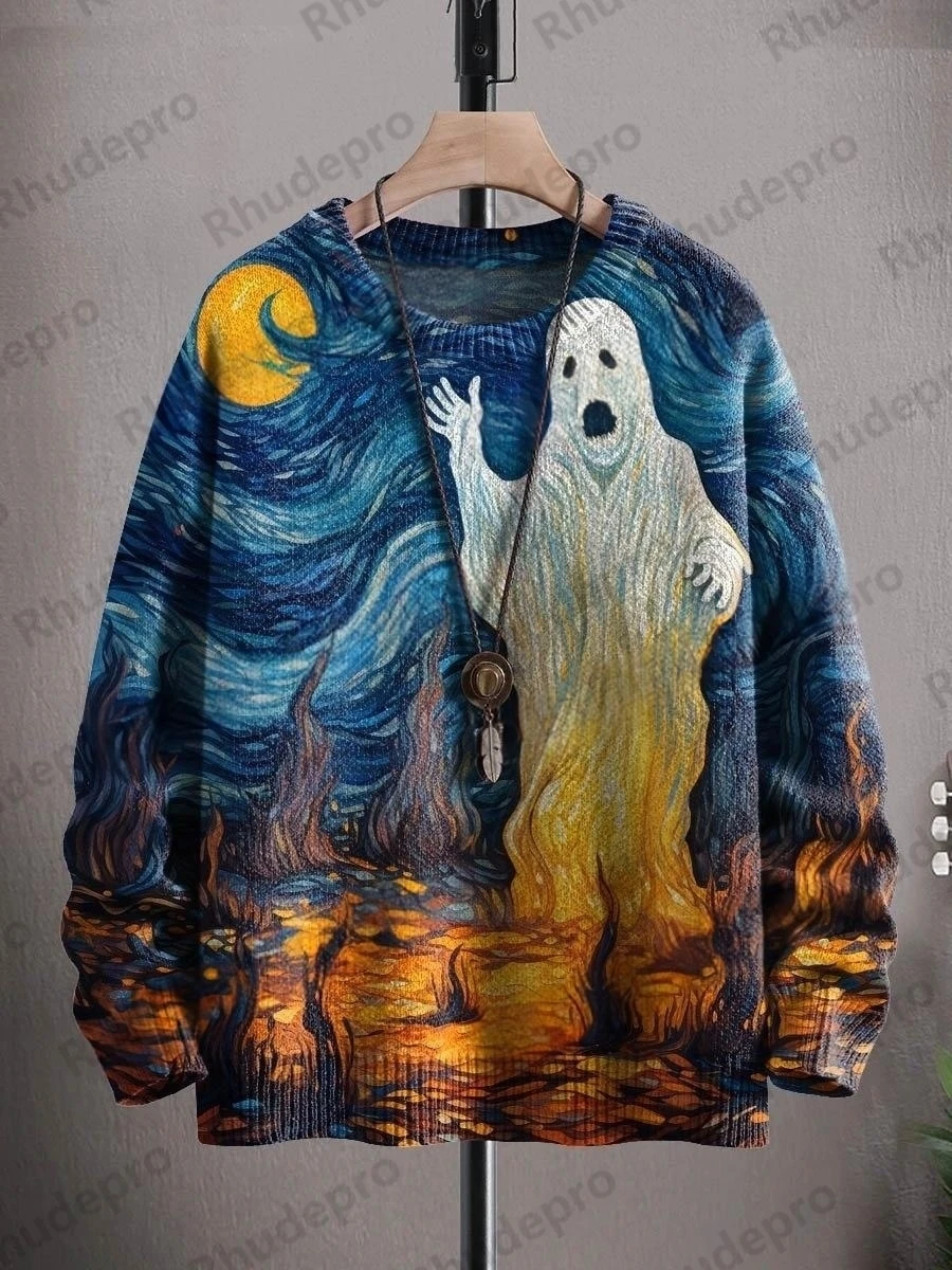 Men's Ghost Halloween Retro Art Pattern 3D Printed Knitted Pullover Sweater Winter Unisex Casual Knitwear