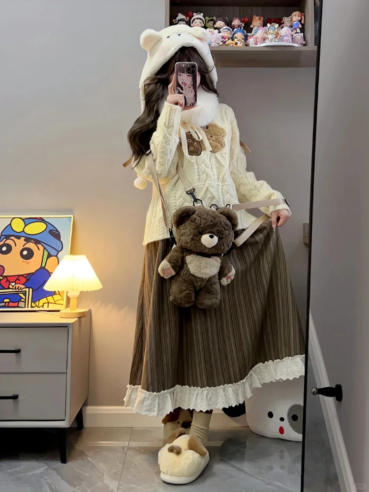 

Deeptown Vintage Striped Long Skirt Women Elegant Lace Patchwork Brown Ruffle Skirts Y2k Autumn Winter Gray A-line Midi Skirts