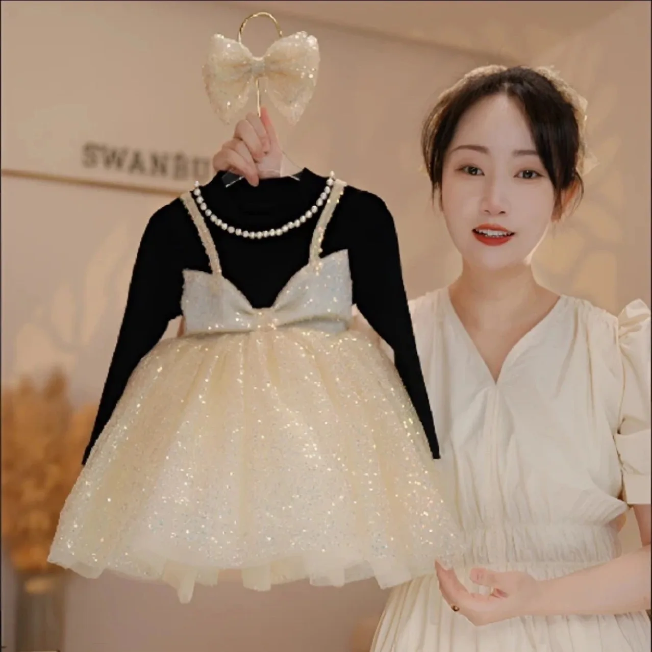 Girls Dress Spring and Autumn 2025 New Fashionable Little Girls Dress Children Heavy Industry Sequined Pearl Princess Dress