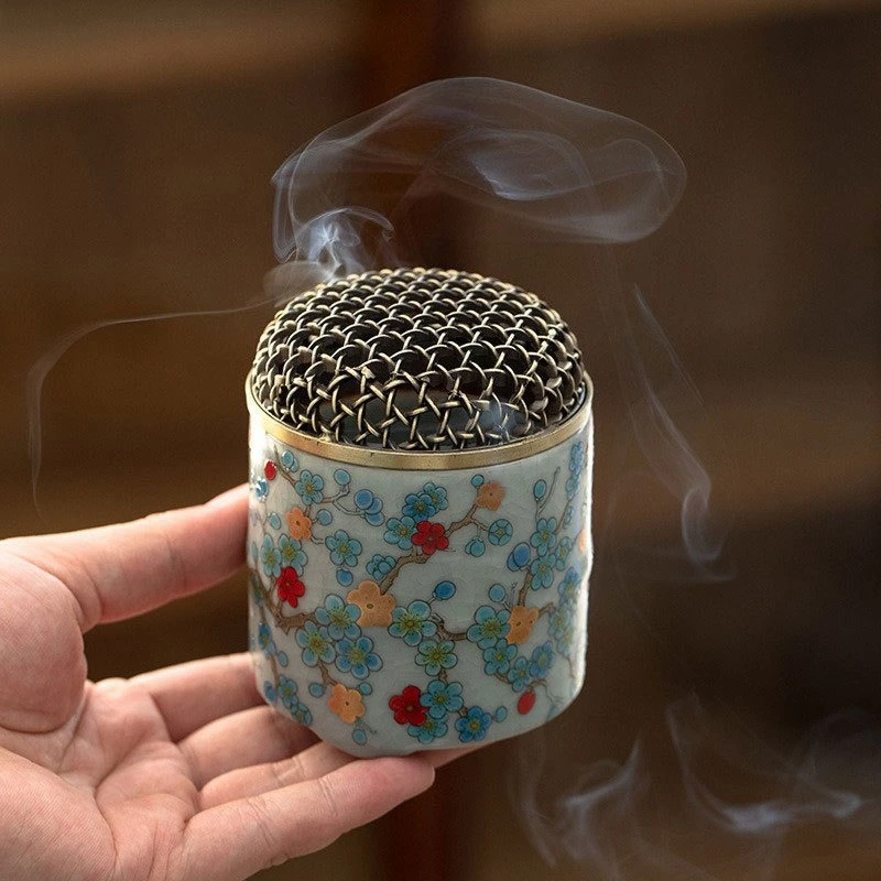 Enamel Flower Incense Burner with Metal Mesh Lid Handmade Cloisonne Incense Holder Aesthetic Zen Decor for Incense Lovers & Gift
