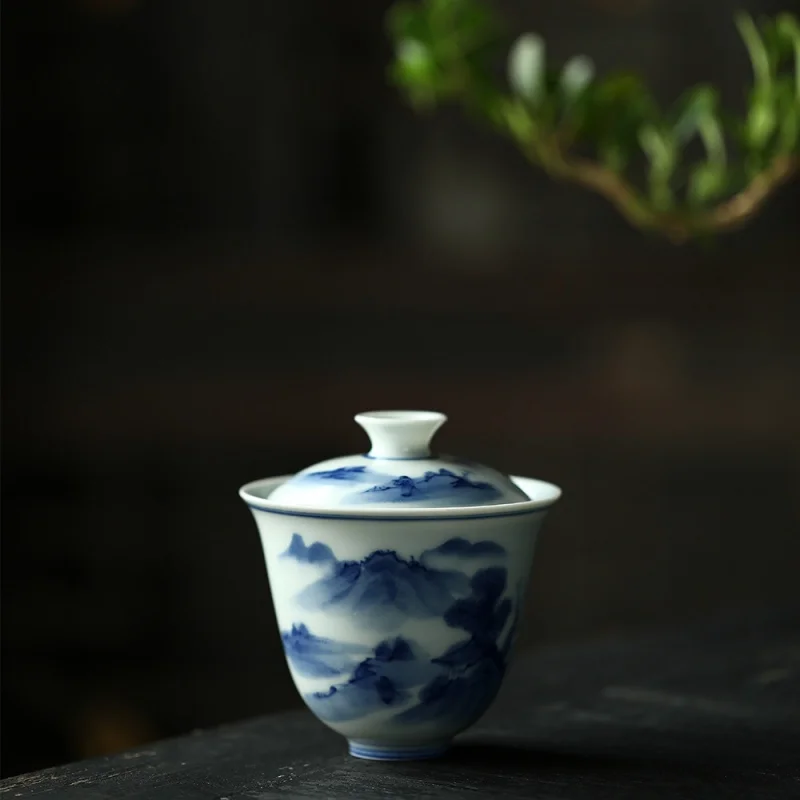 Wood Kiln Fake Antique Blue and White Landscape Tureen inside and outside Hand Painted Cup with Cover Single Mini Small Sized No