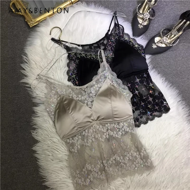 

Beautiful Back Heavy Industry Diamond Drills Thin Strap Satin Lace Women's Vest Tube Top With Pad Easiest For Match Sling Summer