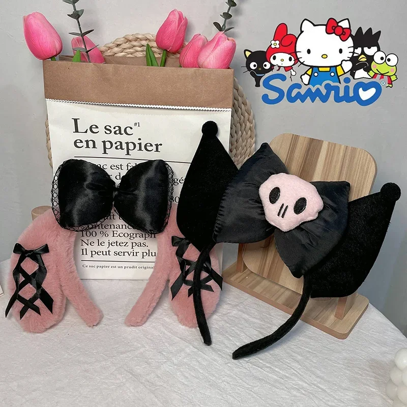 

Обруч для волос Sanrio Kuromi My Melody с черными ушками и бантом, новый узор, Kawaii, оригинальность, темная ночь, темная серия, аксессуары для волос