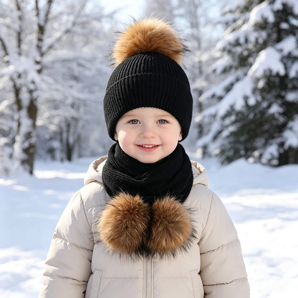 Jxwatcher Kids Winter Sets with Big Real Fur Pompom Autumn Winter Boys and Girls Casual Knitted Beanie Scarf Sets New Arrival