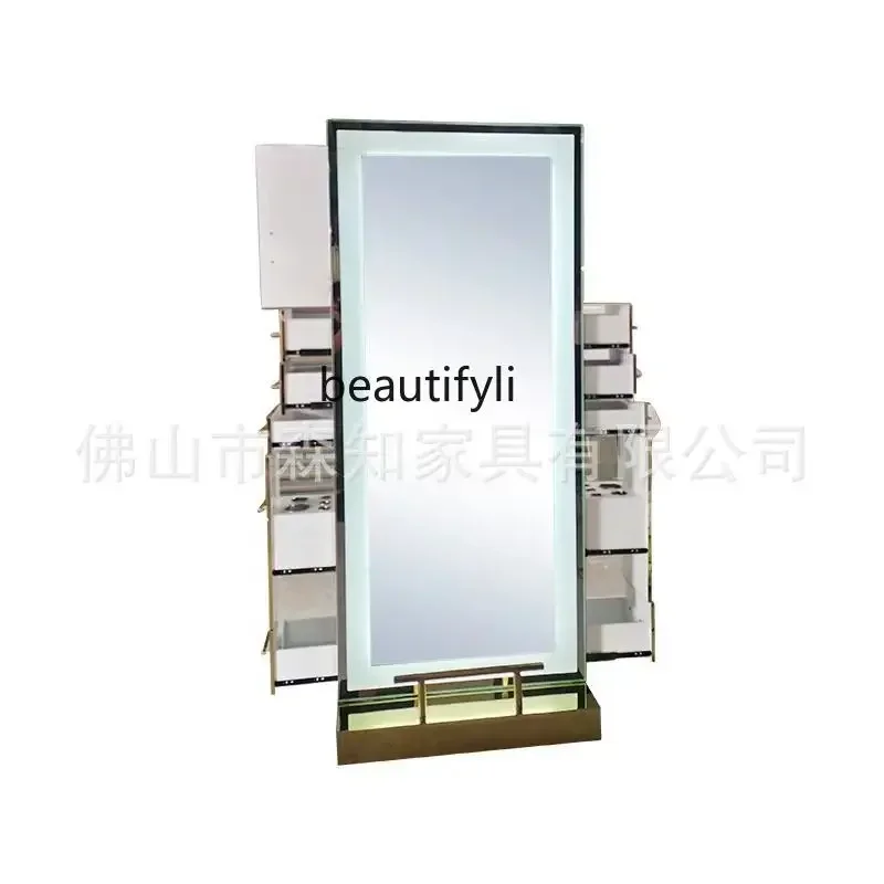 Barber shop mirror LED light full body mirror blond hair, stainless steel mirror table