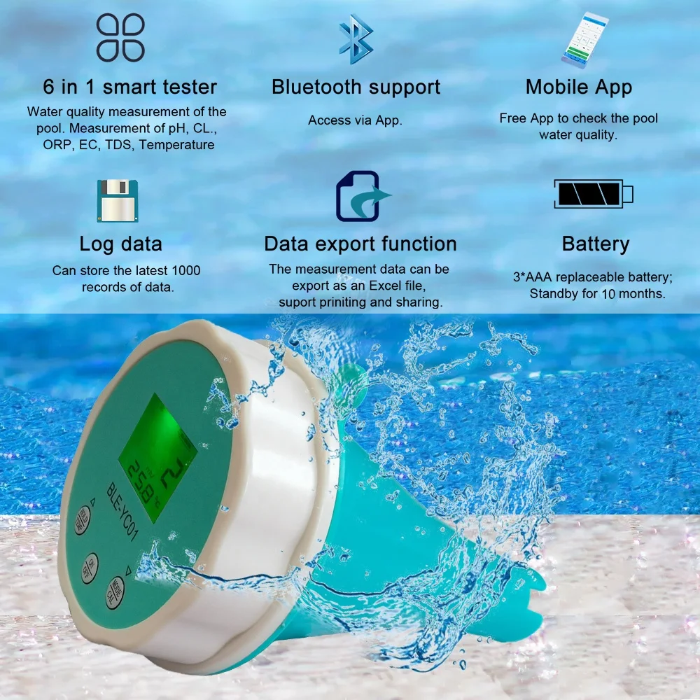 

Floating Smart Swimming Pool Water Analyzer 6 in 1 PH Chlorine EC TDS ORP TEMP Tester for Spa Pool Water with Bluetooth App