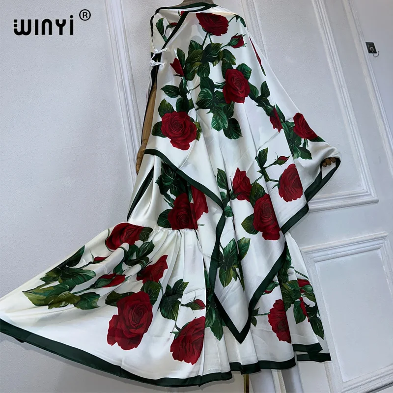 WINYI summer Elegant Fashion evening dress abaya muslim woman abaya dubai luxury Female loose Print kaftan with scarf two pcs