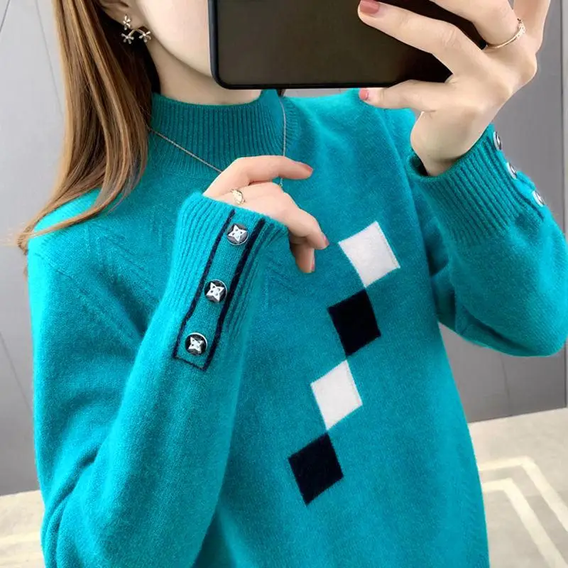 Fashion Turtleneck Spliced Button All-match Casual Sweaters Female Clothing 2023 Autumn Winter New Korean Pullovers Sweaters