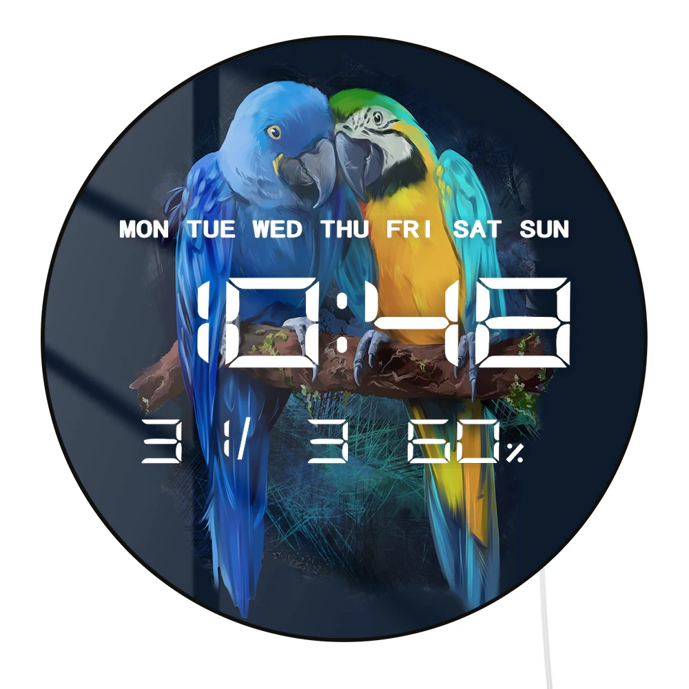 Macaws Digital Wall Clock with LED Display Calendar Temperature Auto Dimming Exotic Bird Tropical Home Decor Electric Wall Clock