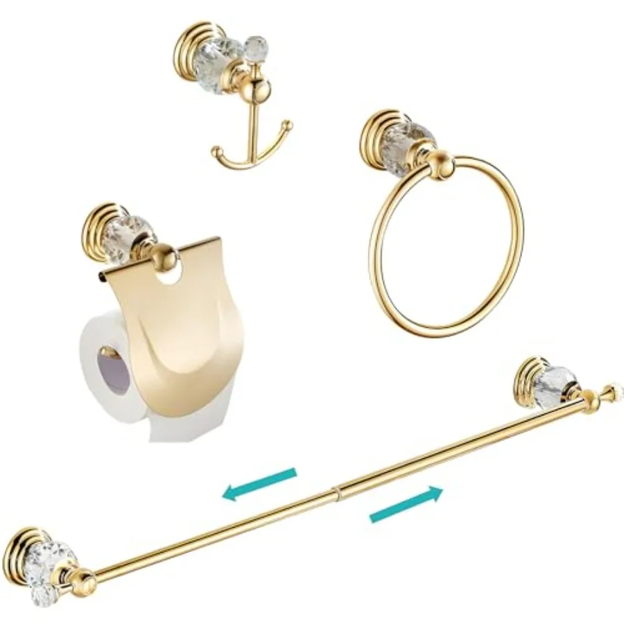 

Gold Bathroom Accessories, Adjustable Crystal Towel Bar Set, en Hardware Set Hand Ring Racks Paper Holder Hook Wall Mounted
