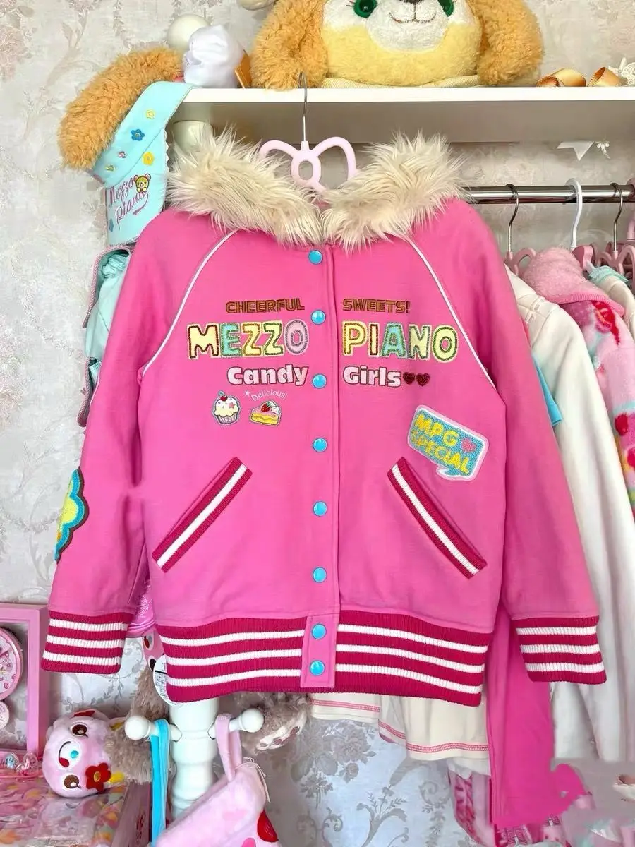 

Japanese Cartoon Mp Faux Fur Collar Patchwork Hoodies Women Spring New Daughter Clothing Jojifuku Sweet Girl Baseball Jersey