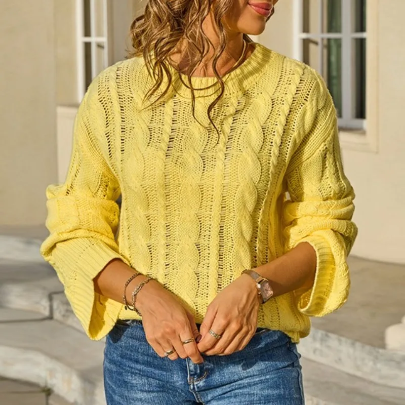

Casual loose solid Twists hollow out O-neck long sleeve sweater Pullovers Women's Spring and Autumn Pullover Tops Woman Sweaters