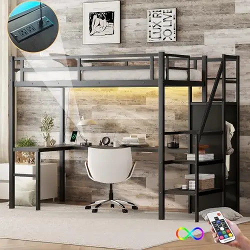 Twin XL Loft Bed with L-Shaped Desk and Storage Stairs, Metal Loft Bed with Wardrobe and USB Charging Station, High view 4