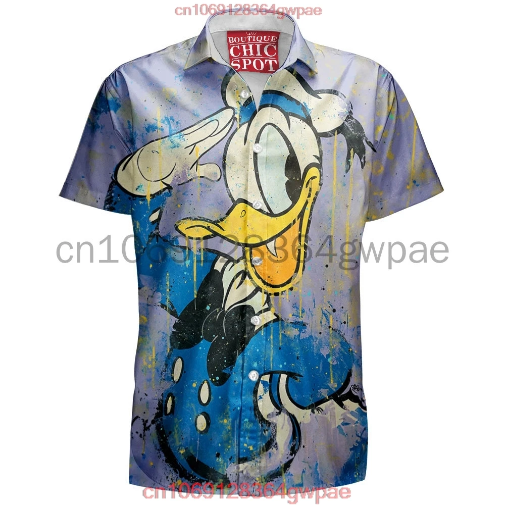 Donald Duck Hawaiian Shirt Men\'s Women\'s Short Sleeve Button Down Shirt Disney Graffiti Lapel Shirt Casual Retro Beach Shirt