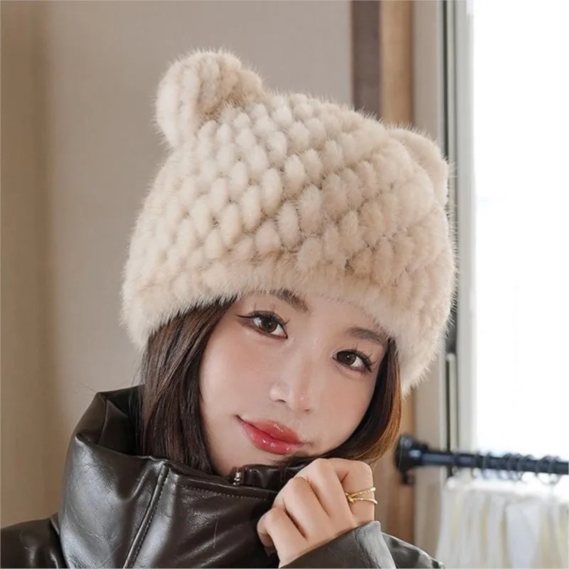 New water fur hats for women in winter warm velvet knitted hat cute ear