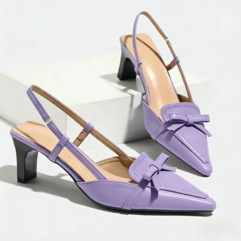 

Элегантные сандалии-мюли с острым носком, женские туфли-лодочки, фиолетовые модные офисные туфли на мелком каблуке с бантом для женщин, пикантные туфли на высоком каблуке с открытой пяткой