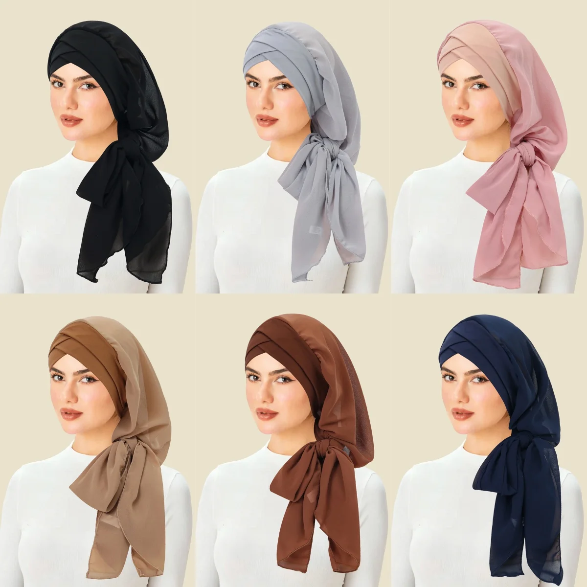 

Fashion Lady Hijab Caps Wrap Style Soft Breathable Islamic Clothing Hat Elastic Breathable Pre-tie Turban Hat Women Headwear