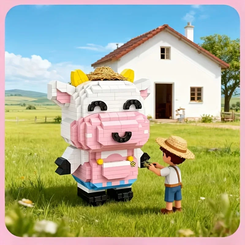 

Prairie Cattle Splicing Building Blocks Desktop Home Decoration Small Particle Plug-in Ornament Cow Theme Birthday Gift
