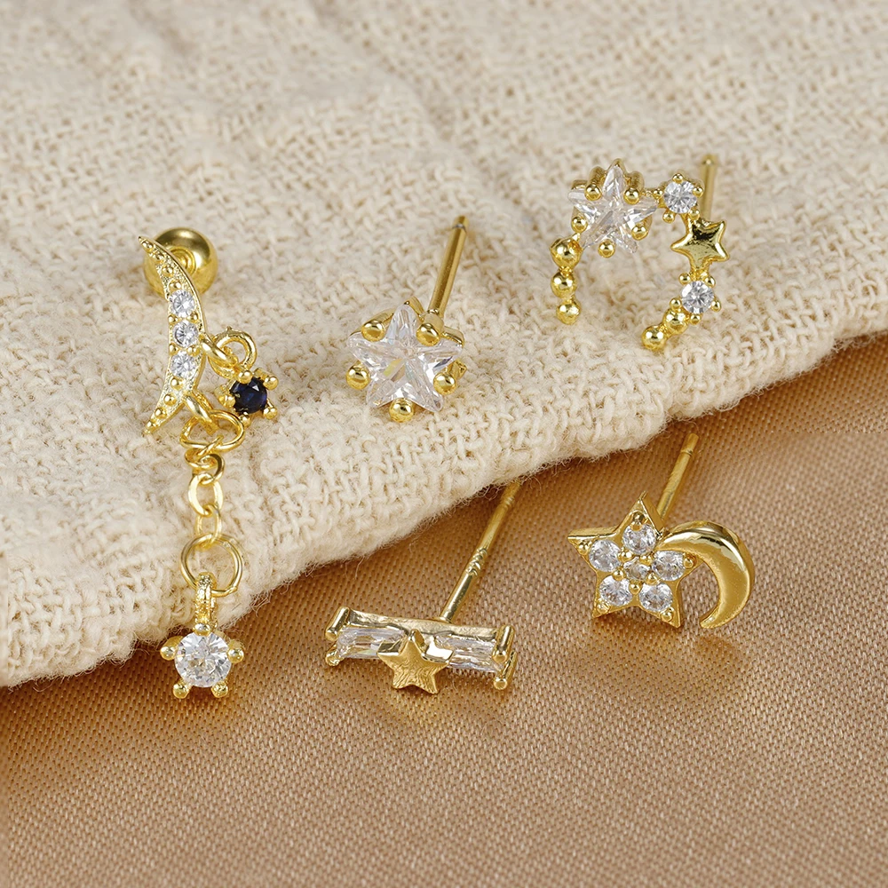 5PCS Fashion 18K Gold Plated Star Moon Stud Earrings Set for Women Stainless Steel Unique Statement Earring Piercing Jewelry