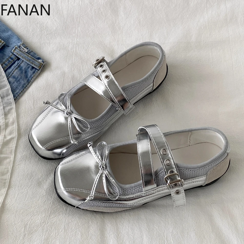 

Новинка 2024, французские туфли Мэри Джейн на плоской подошве с перекрестными ремешками и бантом, женские серебряные туфли на одинарной платформе, балетки, туфли-лодочки на среднем каблуке