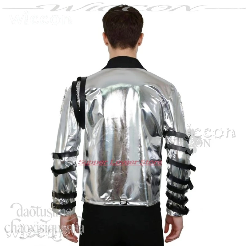 Halloween Cosplays Michael Jackson Silver Leather Coat – Punk Stage Costume + Long Wavy Wig, Halloween Prop view 4