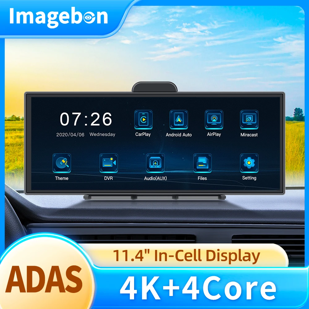 Imagebon 11.4″ 4K ADAS Dashcam Wireless CarPlay & Android Auto Dual Lens DVR WiFi GPS Navigation Night Vision Video Recorder
