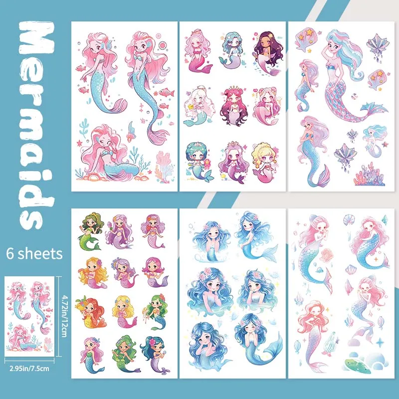 6pcs Glitter Mermaid Arm and Hand Back Waterproof Temporary Tattoo, Long-Lasting Waterproof, Realistic Fake Tattoo