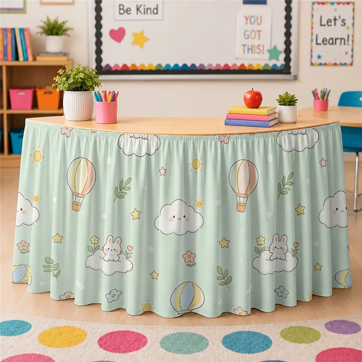 Party table skirt, featuring cloud-shaped hot air balloons, stars and floral patterns, suitable for Christmasxzj