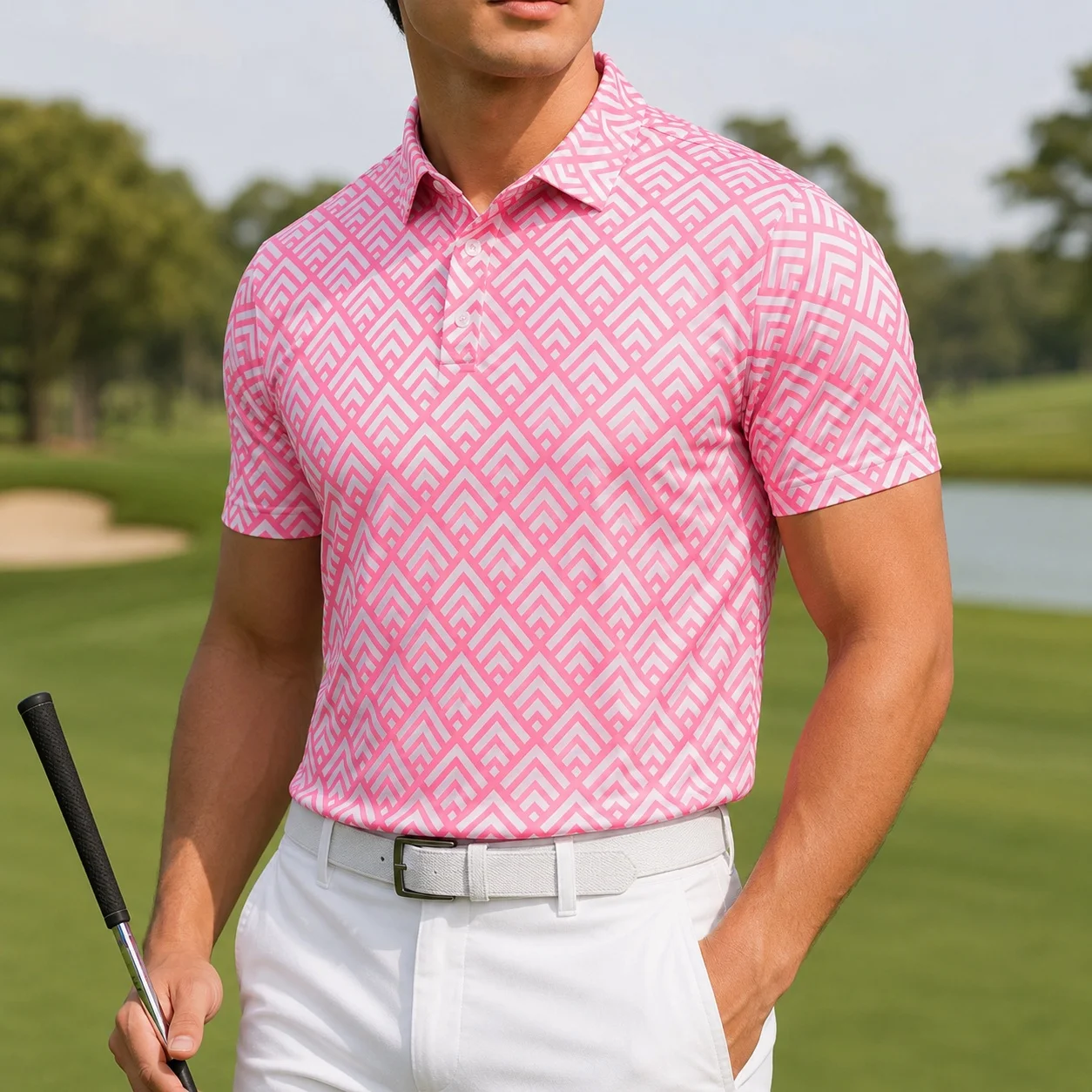 Men's Golf Polo Shirt Short Sleeve Geometric Print Quick Dry Breathable Stretch Sportswear Outdoor Casual Golf Wear Ready Stock