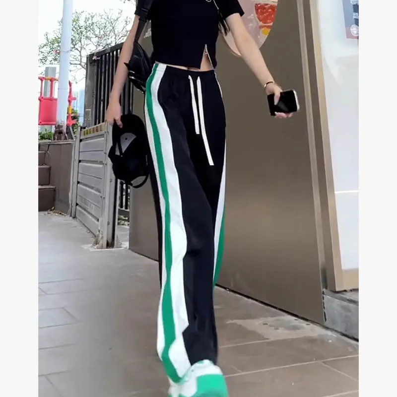 Large size casual leg tied black straight leg American work pants for spring and autumn women chubby mm small stature slim pants