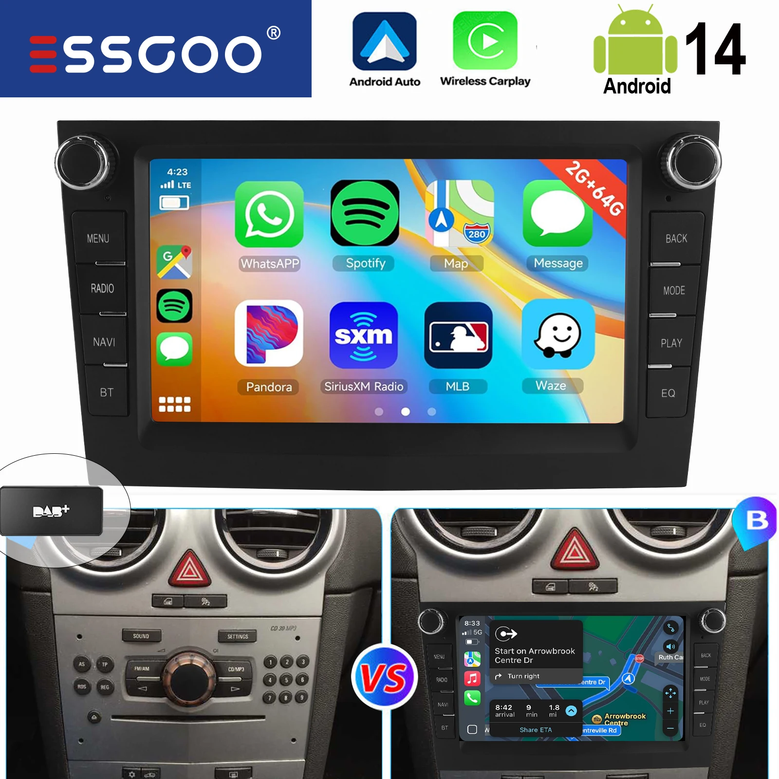 ESSGOO Black Carplay For Opel/Vauxhall Corsa D Astra H Zafira Android 14 GPS NAVI AI Voice Control 7” Car Stereo WIFI BT SWC RDS image 3