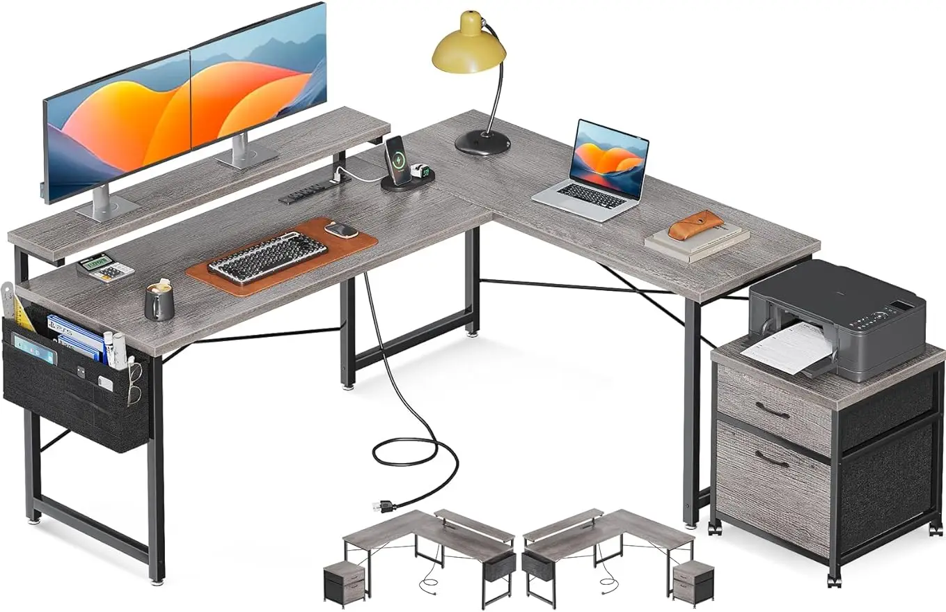 

L Shaped Computer Desk, 55" Office Desk with File Cabinet, Power Outlet and Adjustable Monitor Stand, Home Office Furniture Set