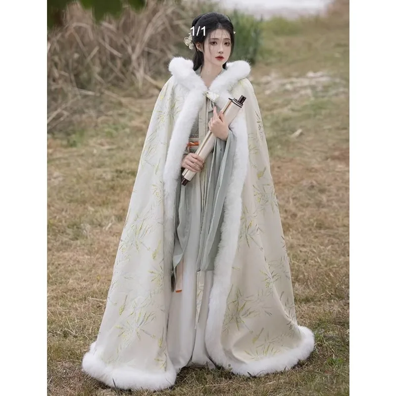 الشتاء Hanfu كيب طويل الشتاء شال القديمة زي معطف سميكة الرأس مع قبعة ملابس خارجية جديدة معطف خارجي فردي عصري