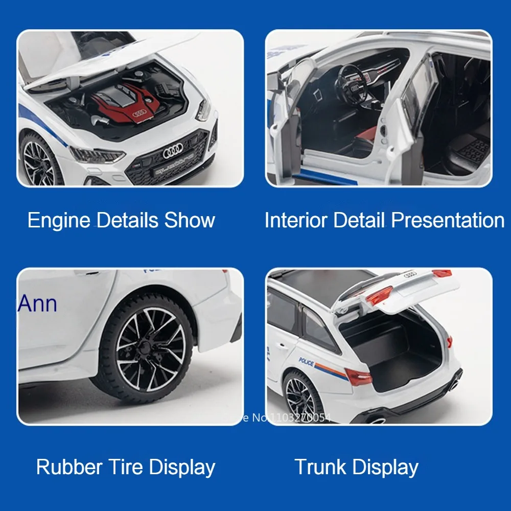 Modèle de voiture de police RS7 en alliage moulé sous pression pour enfants, 6 portes ouvertes, corps en métal, caoutchouc, son et lumière, nervure arrière, véhicule jouet, cadeau, 1/24