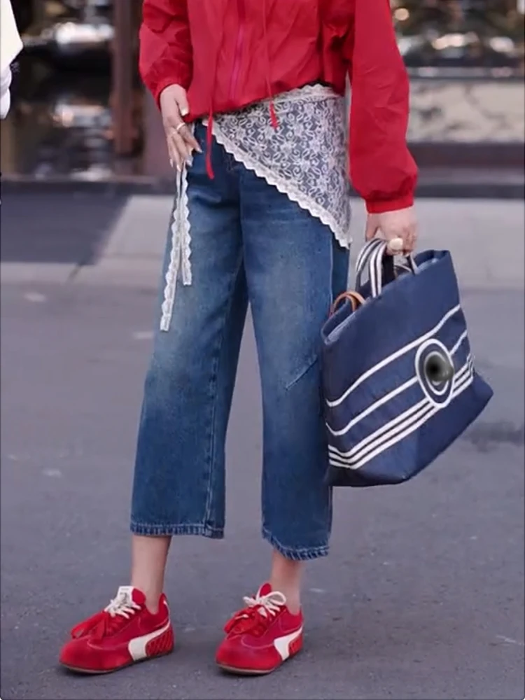 جينز دينم رفيع وفضفاض عالي الخصر، جينز أمريكي مستقيم الساق للنساء، سروال صيفي مقاوم للارتداء بأرجل واسعة