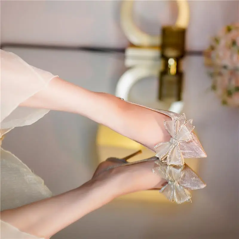 Footwear Closed Sandals for Women Thin Heels Ladies Shoes Stiletto Summer 2024 Diamond Bow Silver Rhinestones Pointed Toe Sandal