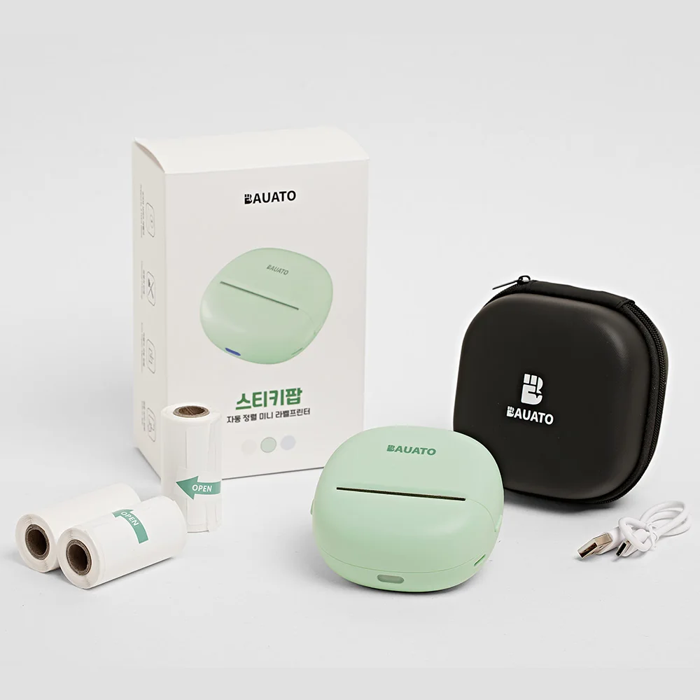 Bauato سماعة لاسلكية تعمل بالبلوتوث محمولة صغيرة جيب طابعة حرارية للملصقات ملصق اسم العلامة صانع اللغة الكورية مدعومة متوافقة مع أوراق الملصقات المختلفة وطباعة لفات المذكرات للمنزل والمكتب والمدرسة
