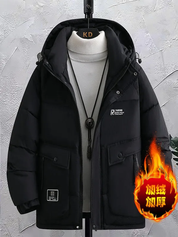 

Men's Hooded Thiened Winter Cotton Jaet Loose Outdoor Faionable Youth Cold-resistant Coat Stand Fit Casual Long Sve