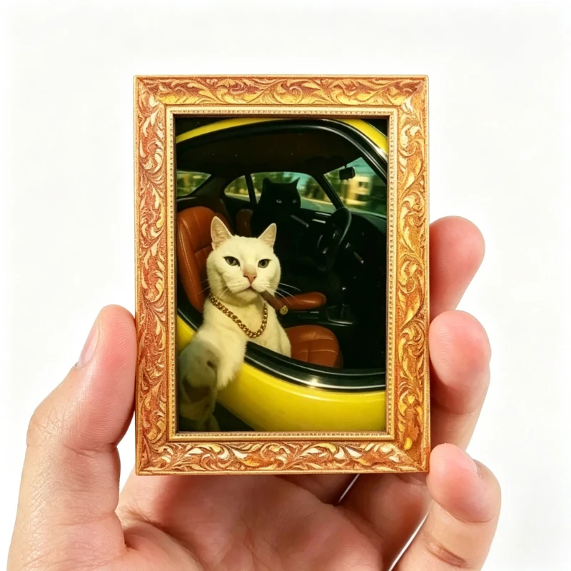 Funny Gangster Cat Driving Car Wooden Fridge Magnet Retro Framed Art Magnetic Sticker Cute Kitten Home Decor
