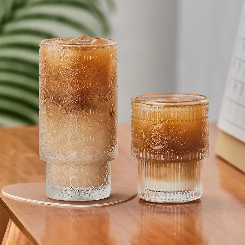 Retro Embossed SUNFLOWER Latte Cup, Household Glacier Pattern, Berg Crystal Glasses, Water Cup, Stacked Whisky Ice Coffee Mug