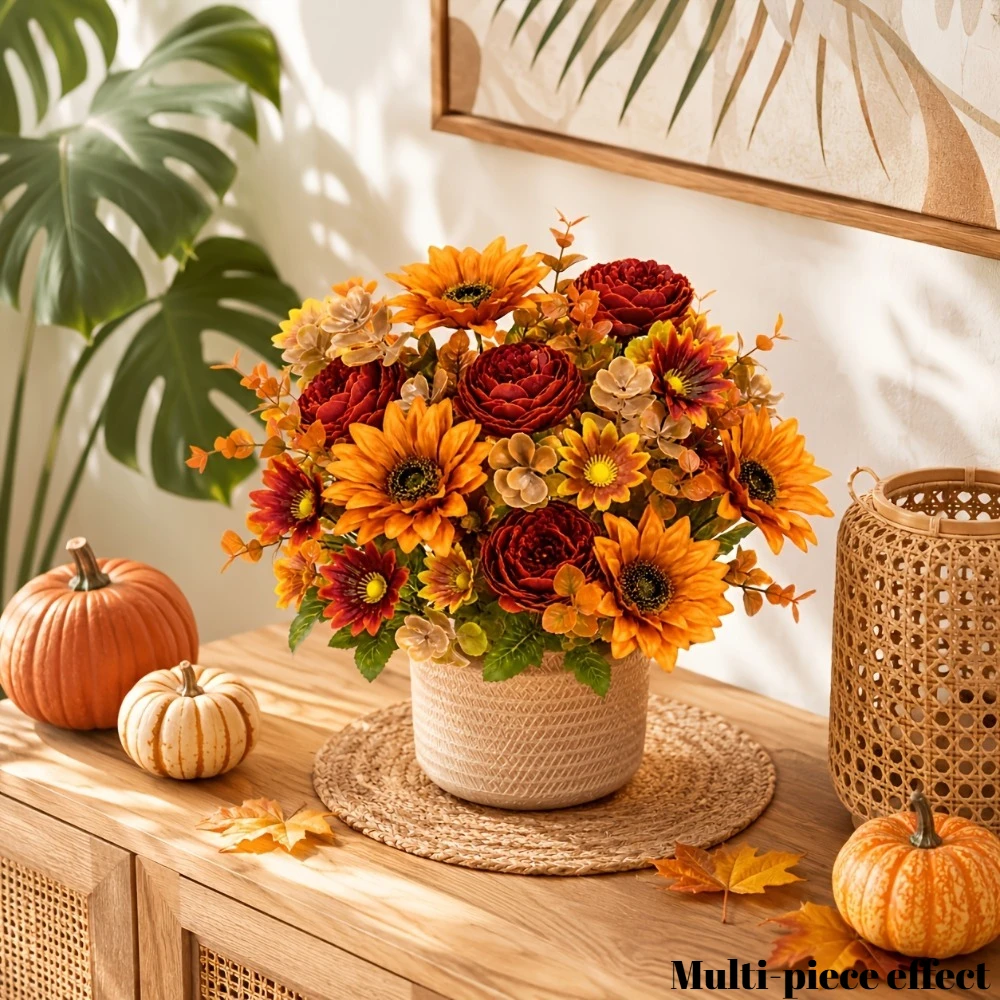 2-teiliger Herbstlicher Künstlicher Blumenstrauß in warmen Tönen mit Sonnenblumen und burgunderfarbenen Rosen für Halloween- und Thanksgiving-Dekoration 2026 – Detail 2