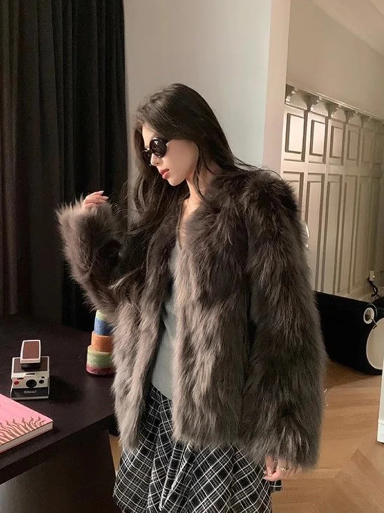 Elegancki płaszcz zimowy z imitacji futra damski długi rękaw dopasowany gruby ciepły kurtka koreańska moda dekolt w serek jednolity kolor imitacja futra lisa odzież wierzchnia