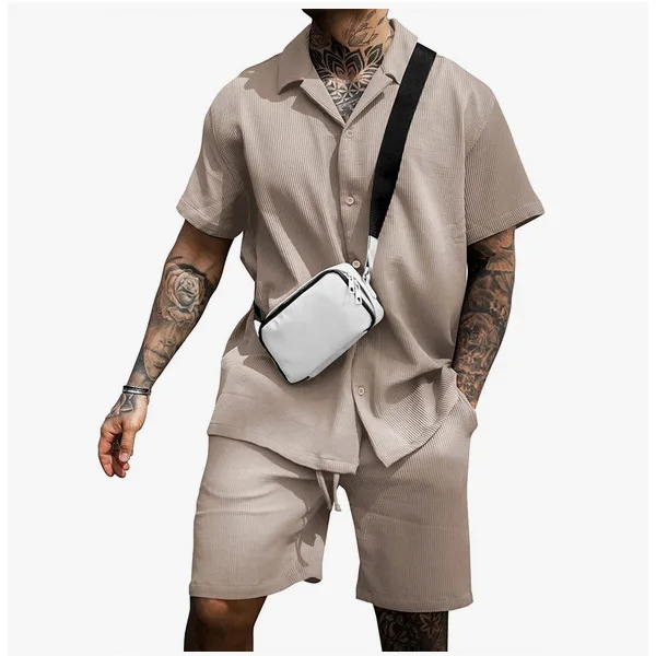 

Summer Men's Casual Collar irt And ort Sved orts Set Faionable Cotton Blend Material ort Sve And Length orts