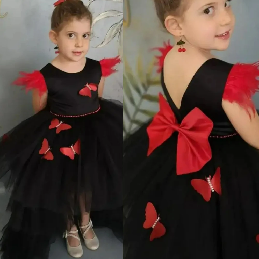 Flower Girls Dress Cute Black Red Butterfly Appliqué with Butterflies Toddler Frock Long Tail Kid Birthday Party First Communion