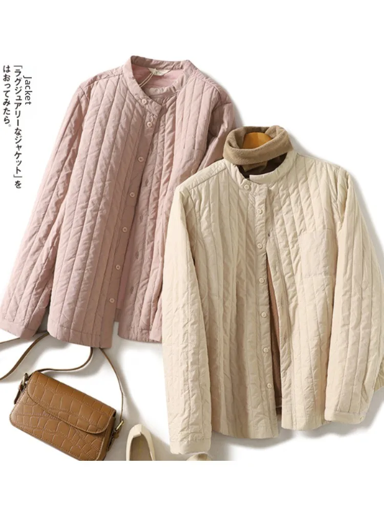 

Women's Cotton Jaet round Neline Inner Wear Outerwear Lightweight Warmth Stripe Pattern Button Detail Thiened Long Sve