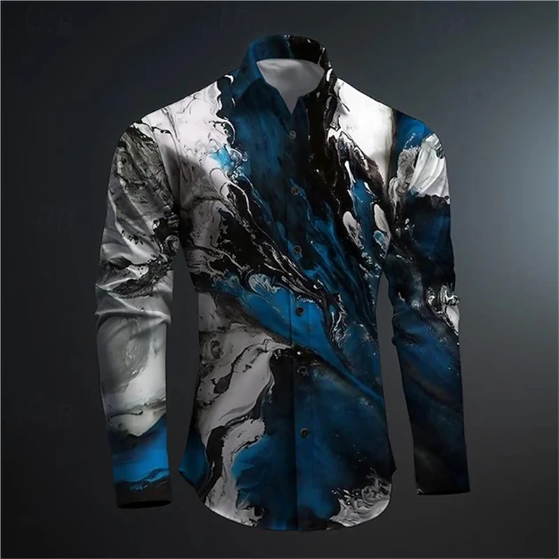 

2025 Autumn New Men's Ink Gradient Color Shirt Men's Fashion Printed Polo Vacation Shirt Casual Long Sleeve Street Shirt