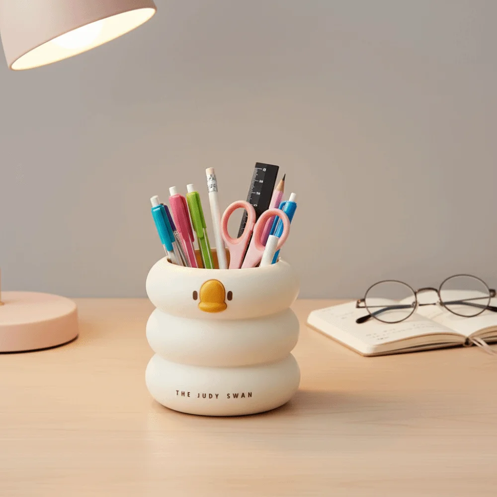 Large-capacity Duck-Shaped Desk Organizer Ice Cream Theme Duck Shape Makeup Brush Holder Cartoon Design Multi Functional