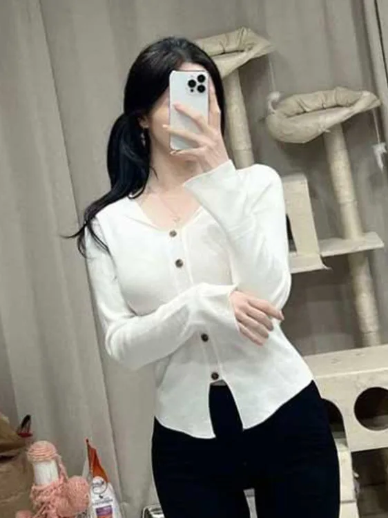 Autumn/winter Korean 2024 Version New Lapel Single Breasted Long Sleeve Pullover Women Cinching Waist Solid Slim Knit Top D65H