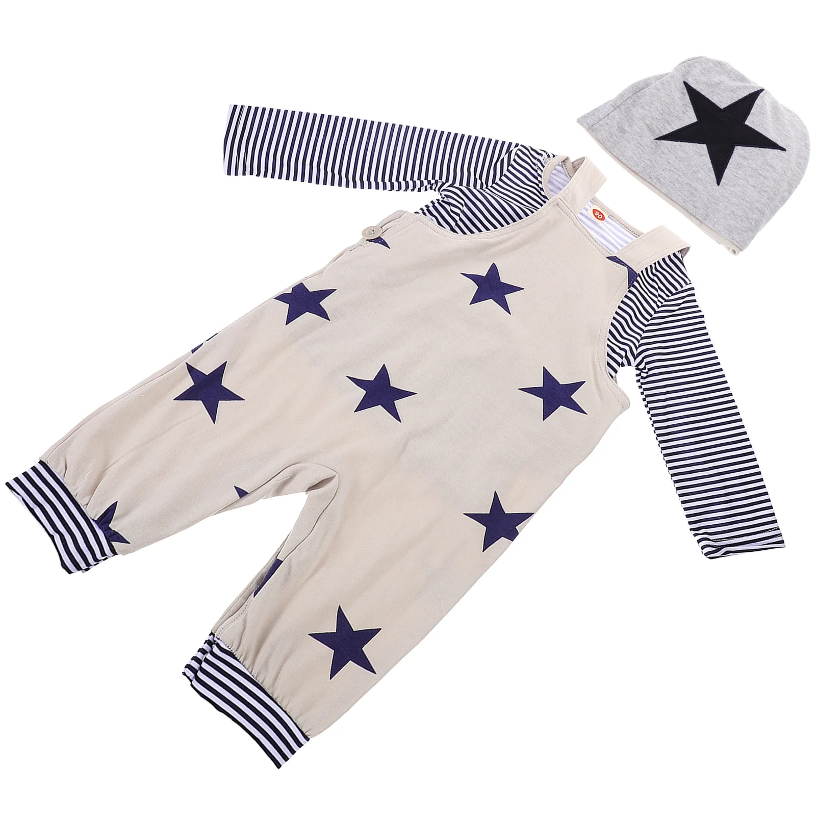 

1Set Baby Boy Clothes Star Printed Suspender Trouser Suit Long Sleeved T Shirt Hat Toddler Spring Outfit Toddler Outfit