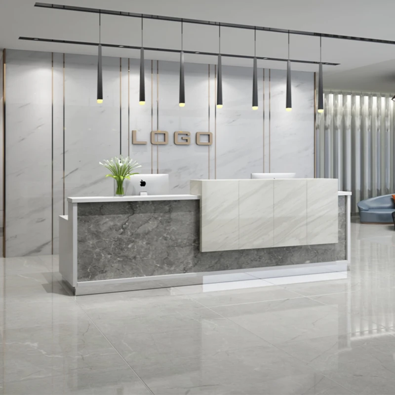 *K46 Modern Reception Desk Custom Marble Lattice Design for Hotel School Mall Hospital & Gym Use Made of MDF Material